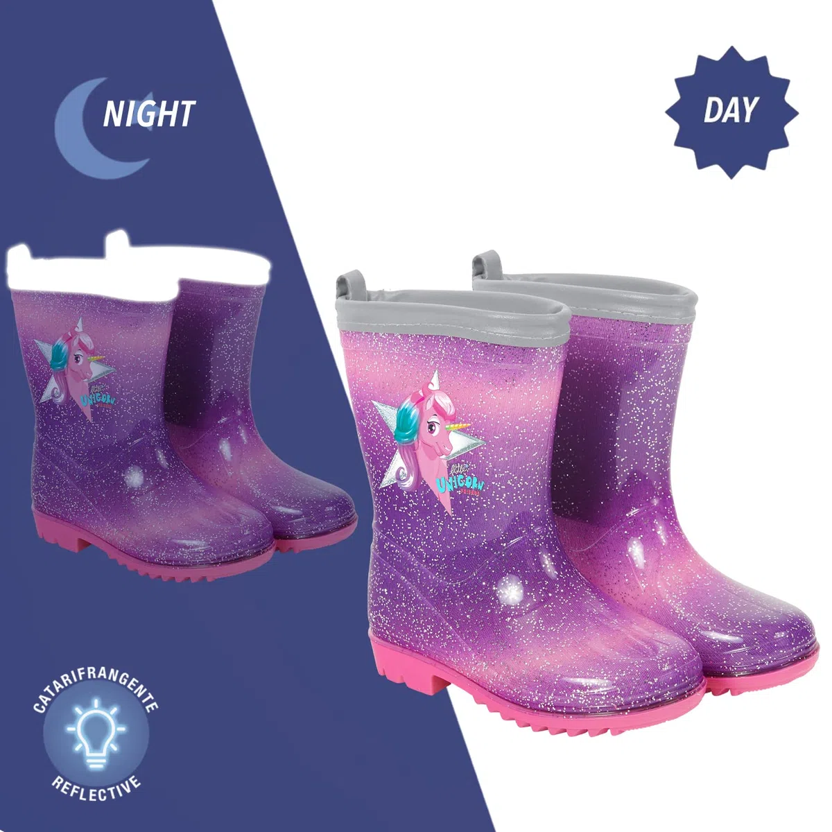 PERLETTI Kinder Einhorn Gummistiefel Rosa mit Glitzern - Wasserdichte Regen Stiefel Regenstiefel mit Rutschfeste Sohle und Silber Rand Reflektierend - Unicorn Stiefeletten Mädchen