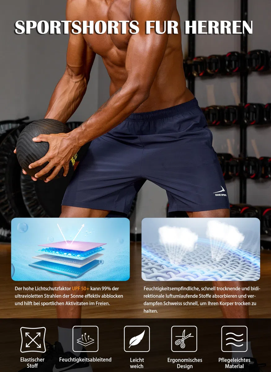 Rane Sports Sportshorts für Herren mit Reißverschlusstaschen – leicht, atmungsaktiv, ideal zum Laufen, fürs Fitnessstudio und für Outdoor-Aktivitäten