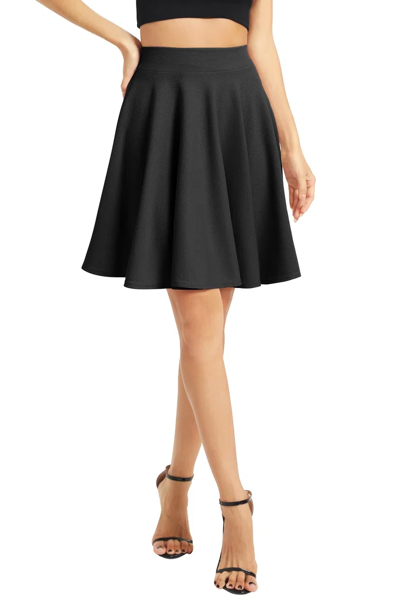 Damen Elegante Elastische Taille Ausgestellte A-Linie Midi Rock Basic Uniform Plissee Skater Röcke