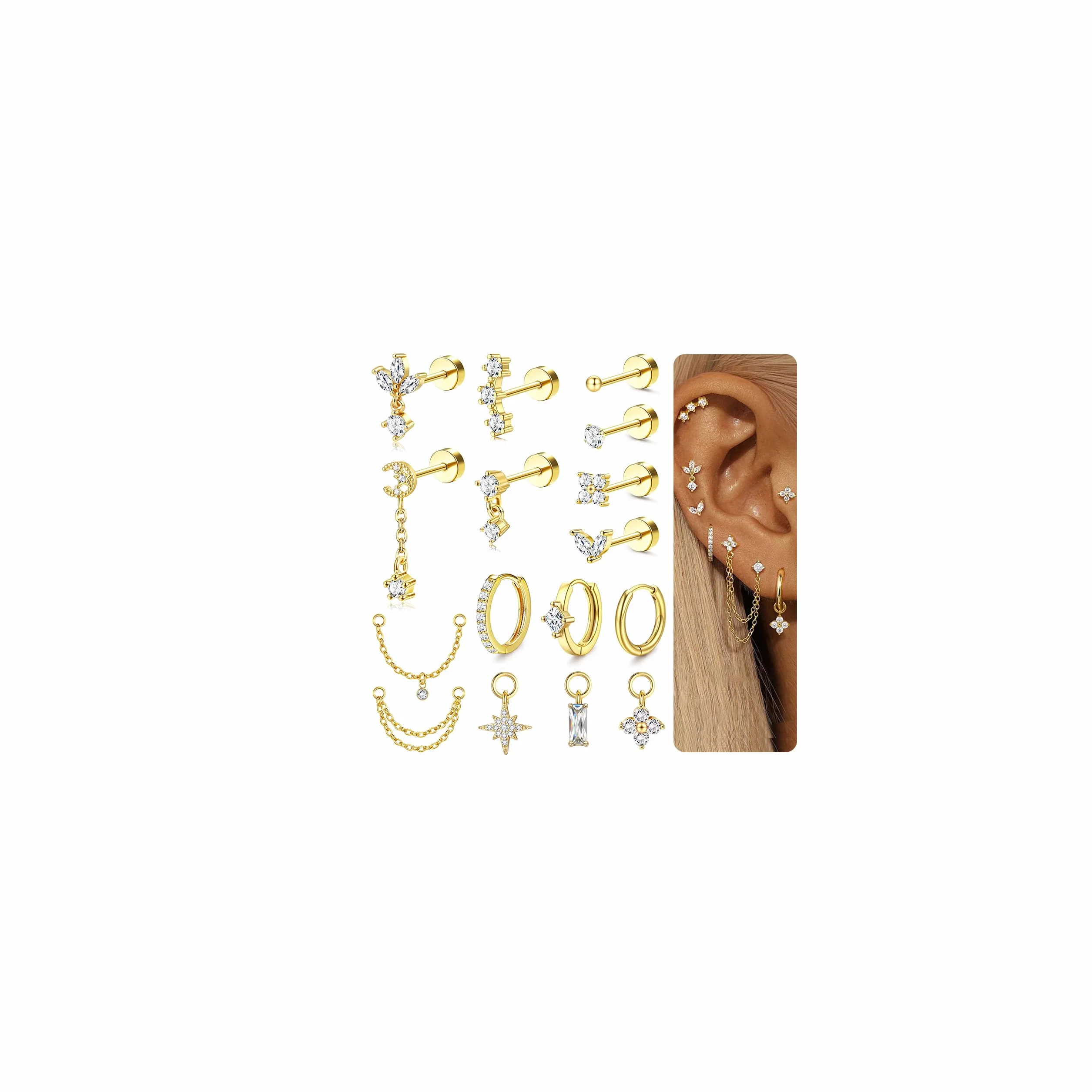 MILACOLATO Helix Piercings Chirurgenstahl Ohrringe Piercing Ohr Flatback Ohrstecker Hypoallergen Klein Knorpel Ohrringe Creolen Gold Wasserfest Rook Tragus Conch Piercing Silber Gold