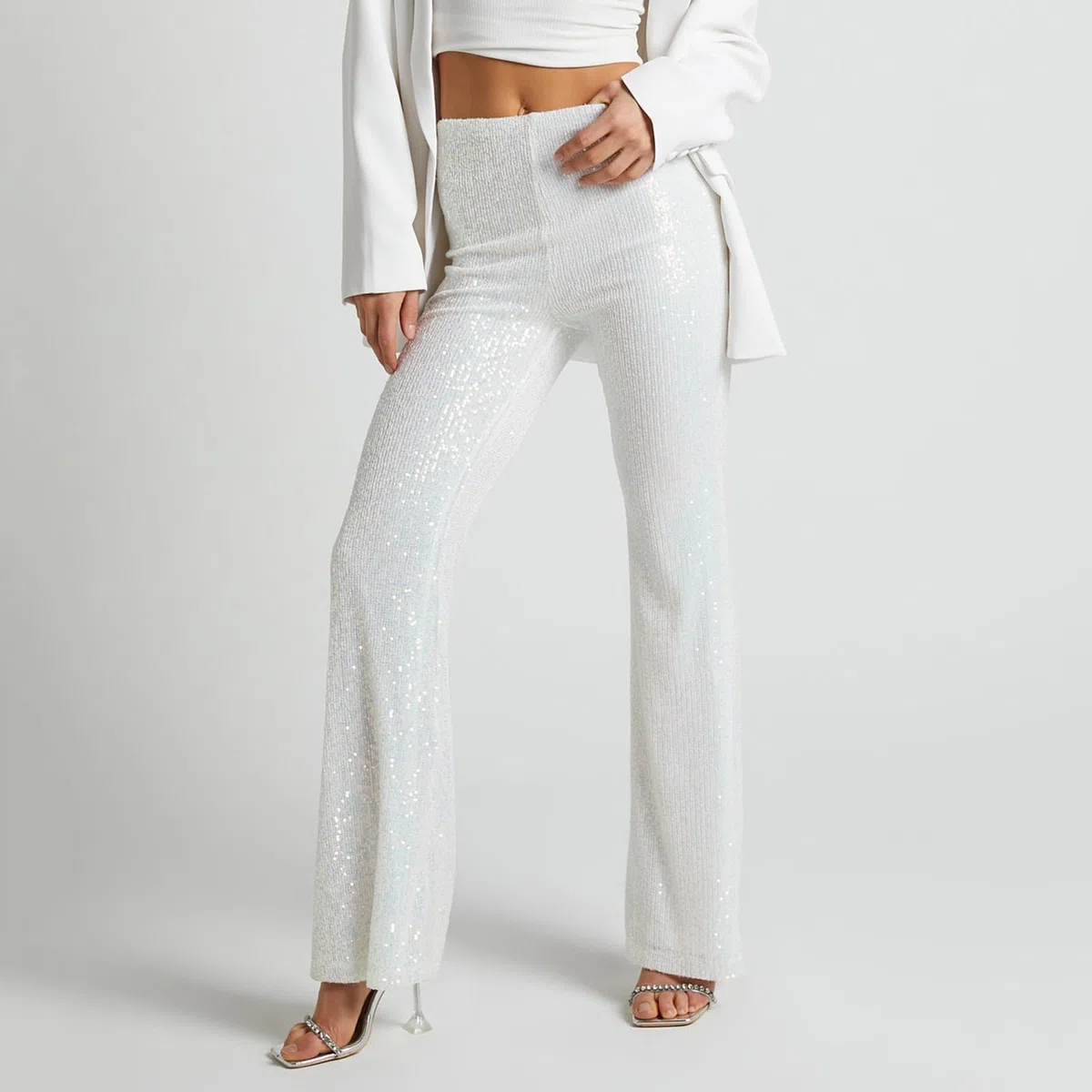 Freizeithose Damen Glitzer Pailletten Hosen Hohe Taille Dehnbar Hip Hop Club Glänzende Hose Elegant Jogginghose Party Club Kostüm mit Drawstring Baggy Paillettenhose für Frühling