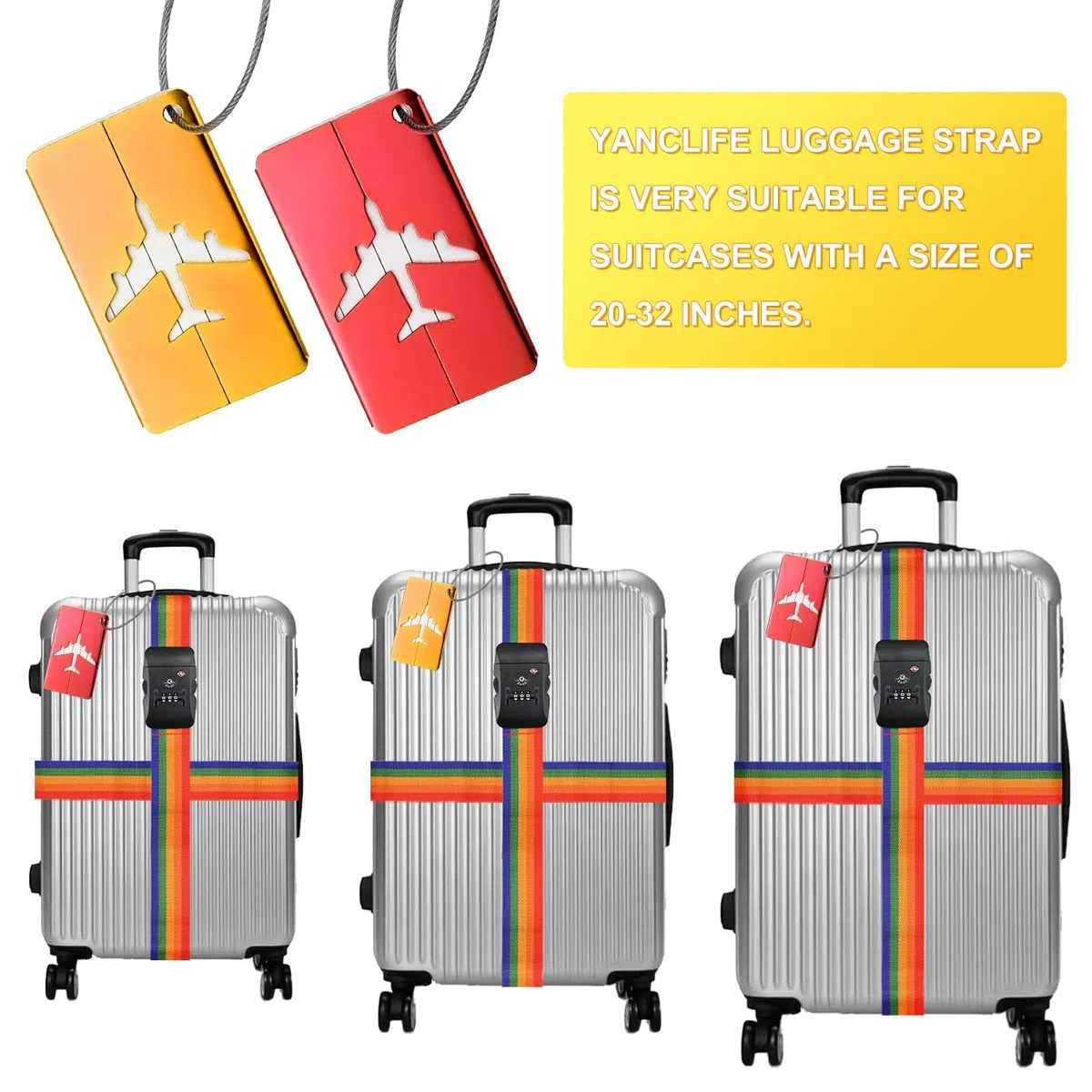 Koffergurt Kofferband mit 2 TSA Zahlenschloss, 2 Stück Einstellbare Kreuz Gepäckgurt Gepäckband + 2 Stück Kofferanhänger mit Namensschild & Adressschild zum Sicher Reisen（Bunt）
