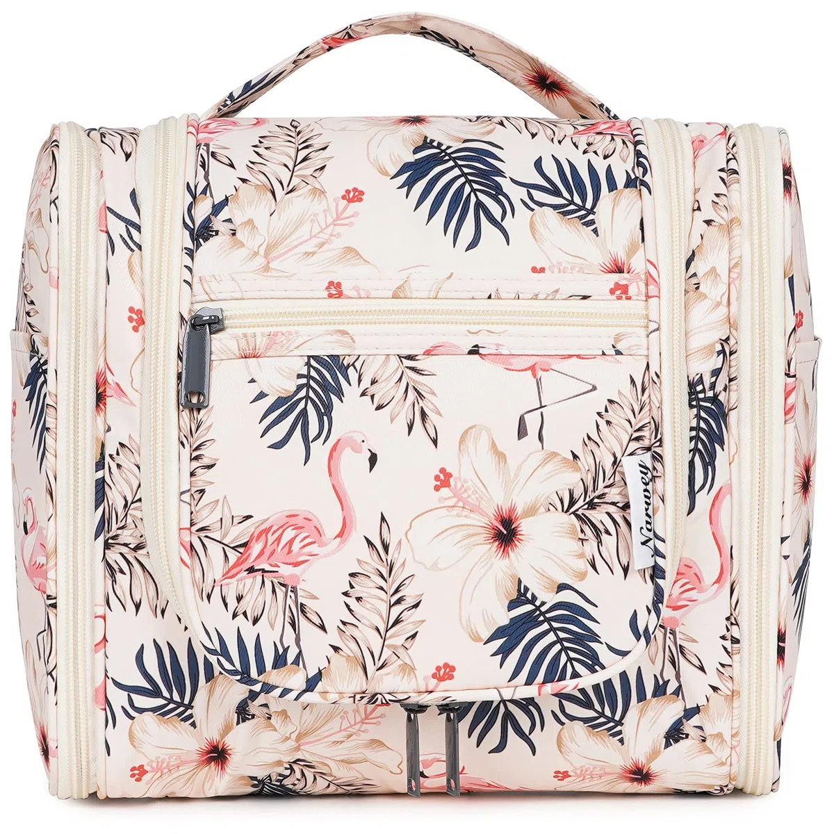 Narwey Kulturbeutel zum Aufhängen, Kulturtasche Kulturbeutel Damen Kinder Gross, Waschtasche Hanging Toiletry Bag Damen für Reise, Kosmetiktasche Make up Tasche für Mädchen (Beiger Flamingo (Groß))