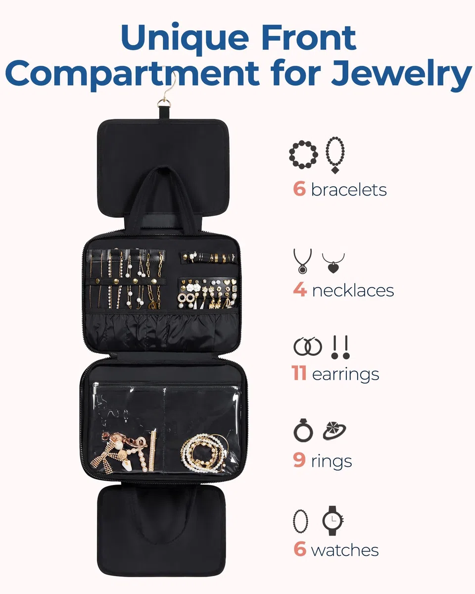 BAGSMART Kulturbeutel zum Aufhängen, Kulturtasche für Damen, Kosmetiktasche Groß, Toilettentasche Damen Reise Schmuck Organizer, Puffy Makeup Cosmetic Bag Organizer, Schwarz