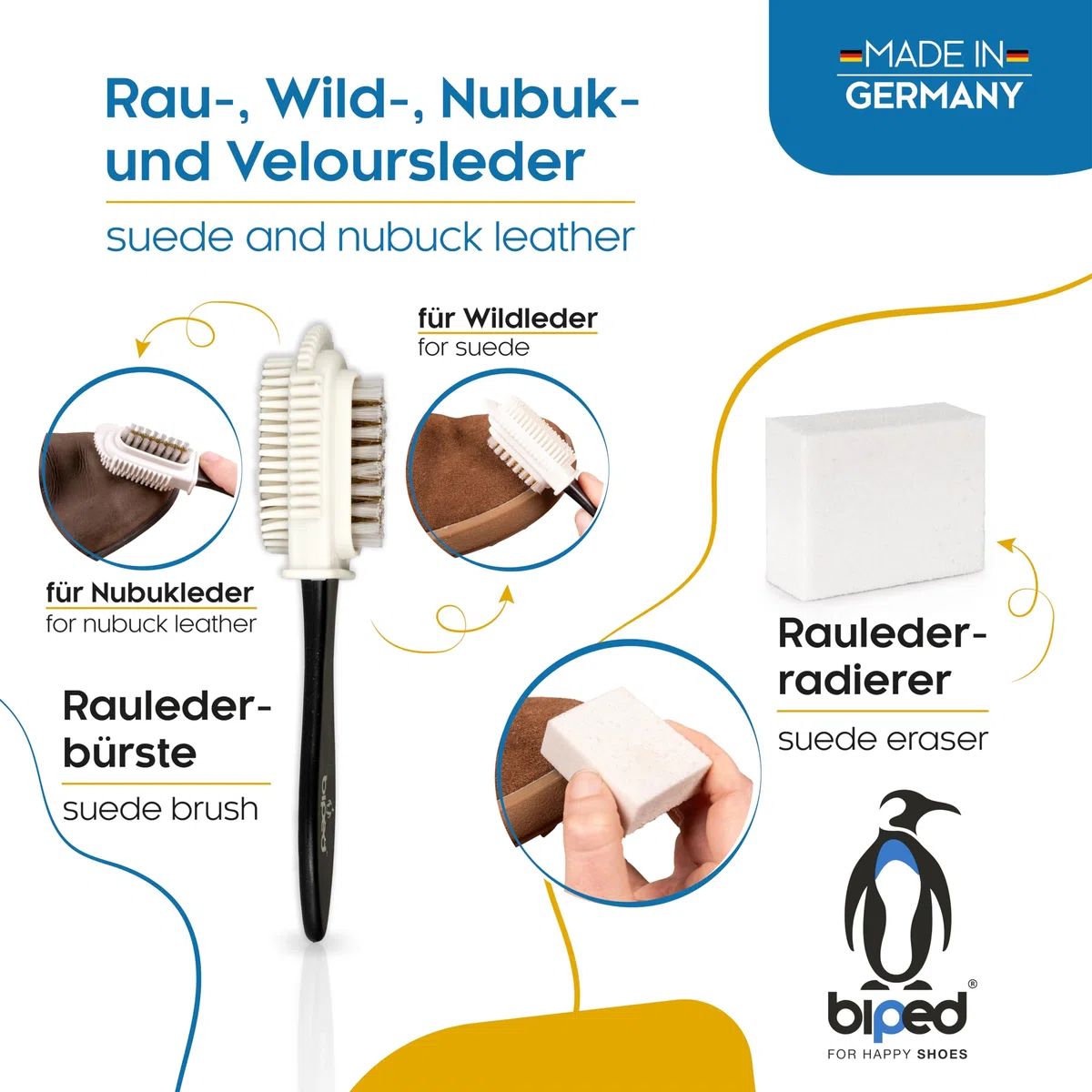 biped Schuhputzset 8-teilig - Schuhpflege für Glattleder und Wildleder - Schuhbürsten mit Natur Borsten - Made in Germany z2463