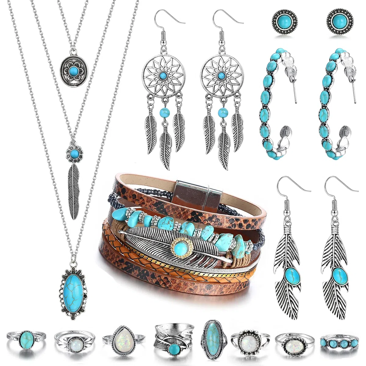 JeweBella Bohemian Türkis Schmuck für Damen Böhmisches Türkis Anhänger Choker Halskette Türkis Feder Dangle Ohrringe Boho Leder Perlen Armband Türkis Stapelbare Knuckle Ringe Western Schmuck Set