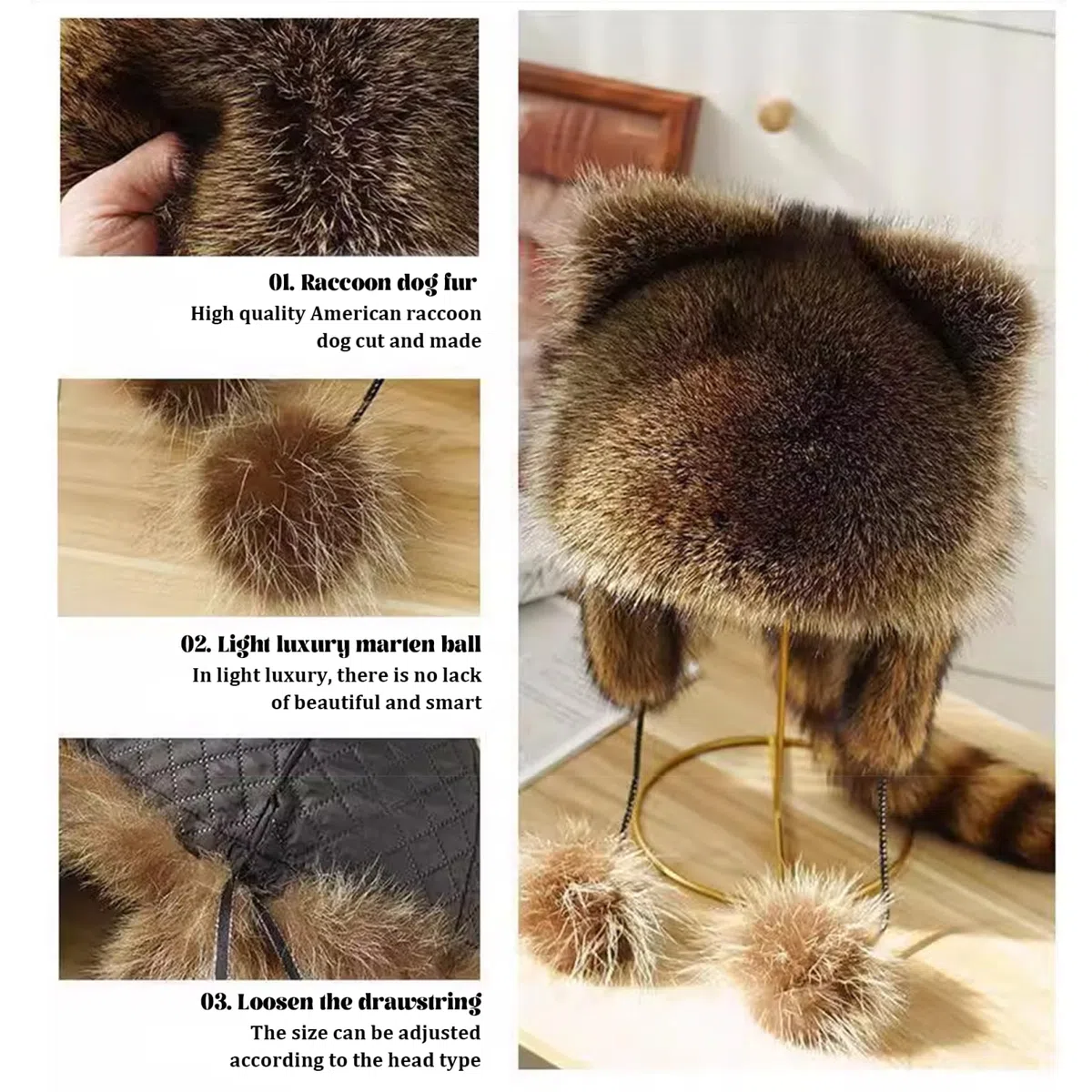 Waschbärenmütze, warm und winddicht, lebensechte, niedliche Mütze aus künstlichem Waschbärfell, verstellbarer Kordelzug, Waschbär mit Plüsch-Fell-Ohrenklappe, Waschbär für Erwachsene, für Männer un