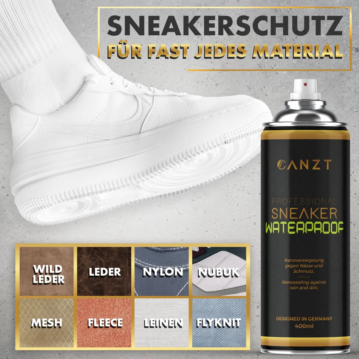 Canzt Imprägnierspray Schuhe 400ml – Schuh Imprägnierung für Wildleder, Leder, Nubuk & Textilien – Wasser- & Schmutzschutz für Sneaker & Outdoor-Schuhe