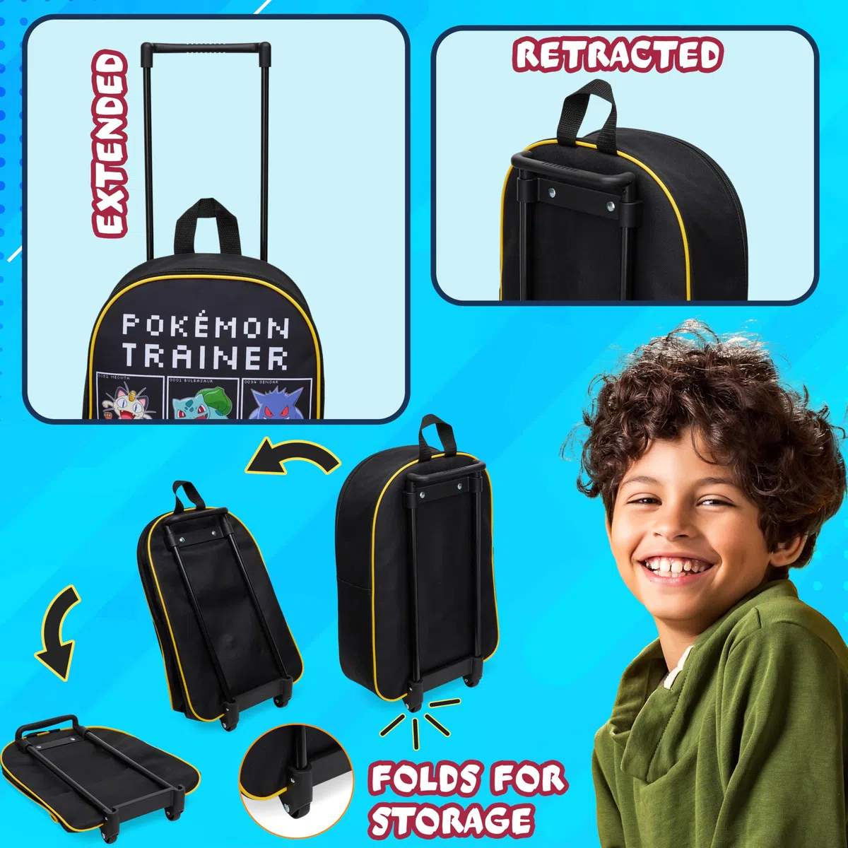 Pokemon Koffer Kinder, Faltbarer Trolley Handgepäck Leicht 39x27cm, 10.5 Liter, 2 Rollen & Ausziehbarem Griff (S/39cm -10.5L, Schwarz/Mehrfarbig)
