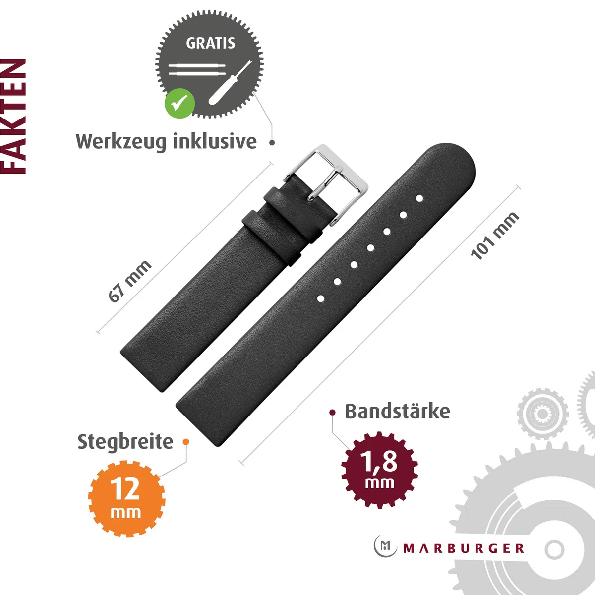 MARBURGER Uhrenarmband 12mm Leder - Werkzeug Montage Set 76112