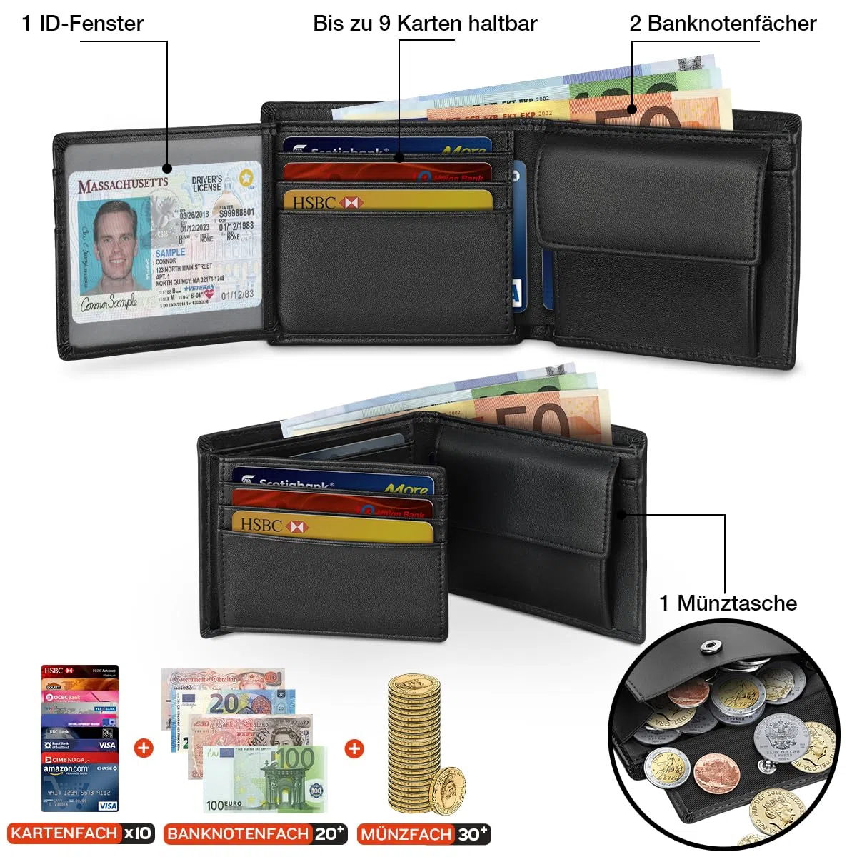 WONSEFOO Geldbörse Herren Leder mit RFID Schutz | Portmonee Slim mit 9 Kartenfächer Wallet Portemonnaie Herren Klein mit Münzfach | Geldbeutel Schwarz