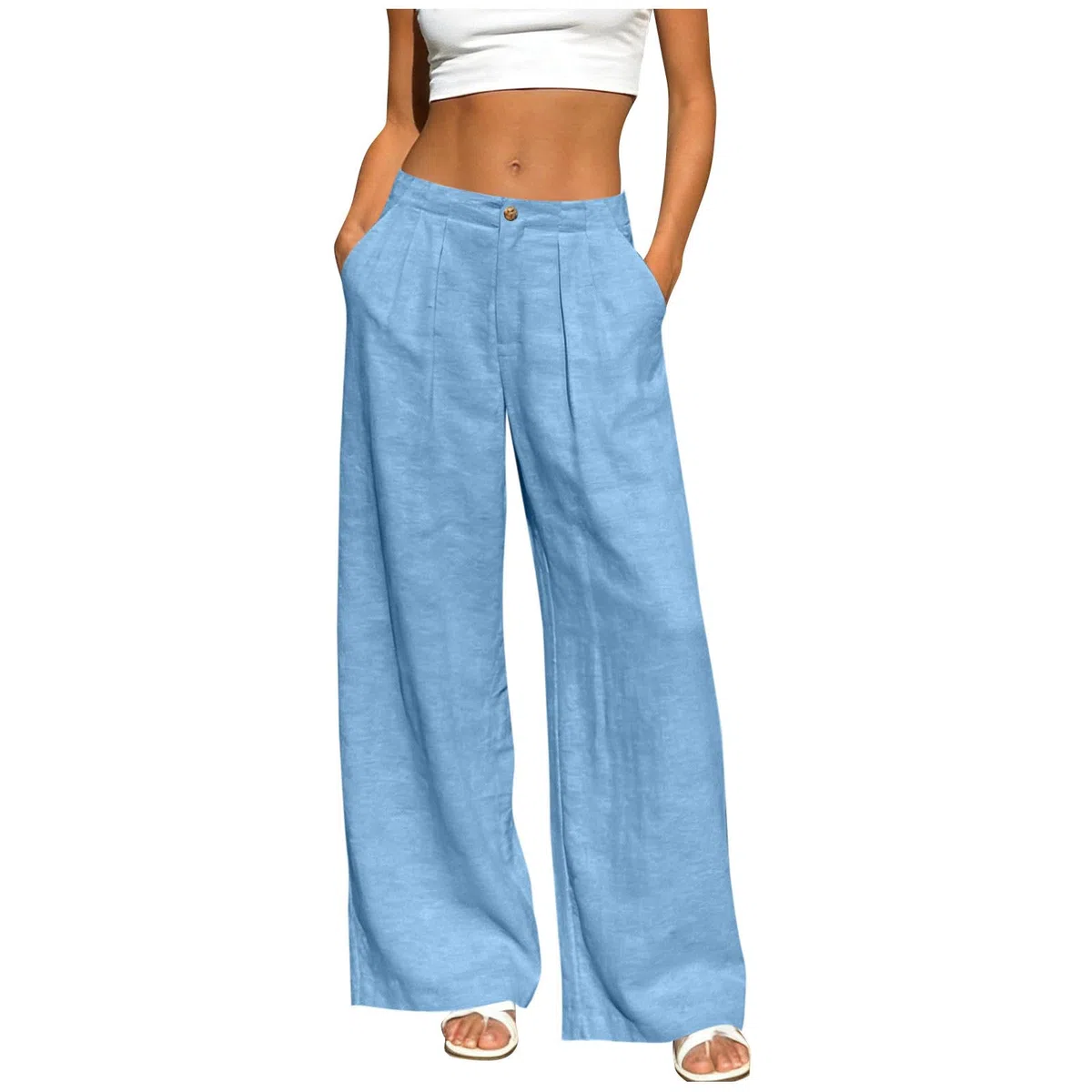 Leinenhose Damen Lang Baumwolle Leinen Jogginghose Sommerhose Musselin Geschnitten Hose Freizeithose High Waist Strandhose Leicht Stoffhose Einfarbig Sporthose Anzughose mit Taschen