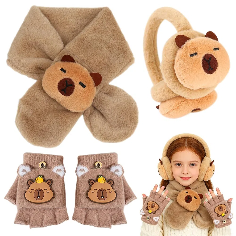 Capybara Winter Accessoires Kinder, 3PCS Ohrenschützer Fäustlinge und Schal Set Ohrenwärmer Earmuffs Plüsch Winterschal Kinderhandschuhe Winter Set Outdoor-Aktivitäten für Junge Mädchen Braun