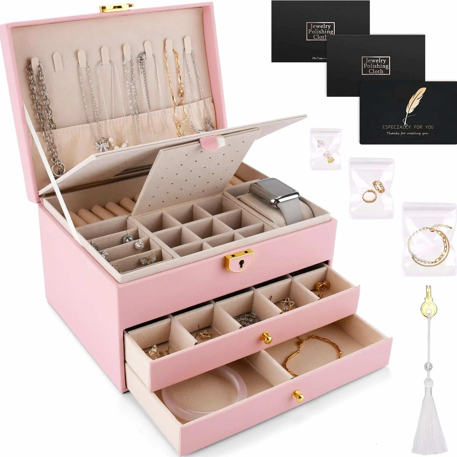 Schmuckkästchen 3 Ebenen,Schmuckaufbewahrung,Schmuckkasten 2 Schubladen,Schmuck Organizer,Schmuckkasten mit Uhrenkissen,mit Schloss und Schlüssel,für Uhren,Ringe Ohrringe Halsketten
