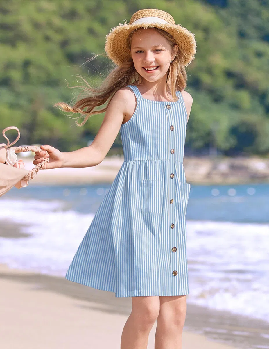 Arshiner Mädchen Kleider Ärmelloses Kinderkleid Knopfleiste Trägerkleid Sommer Baumwolle Swingkleid Festliches A-Linie Freizeitkleid Elegant Kleid für Mädchen 5-15 Jahre