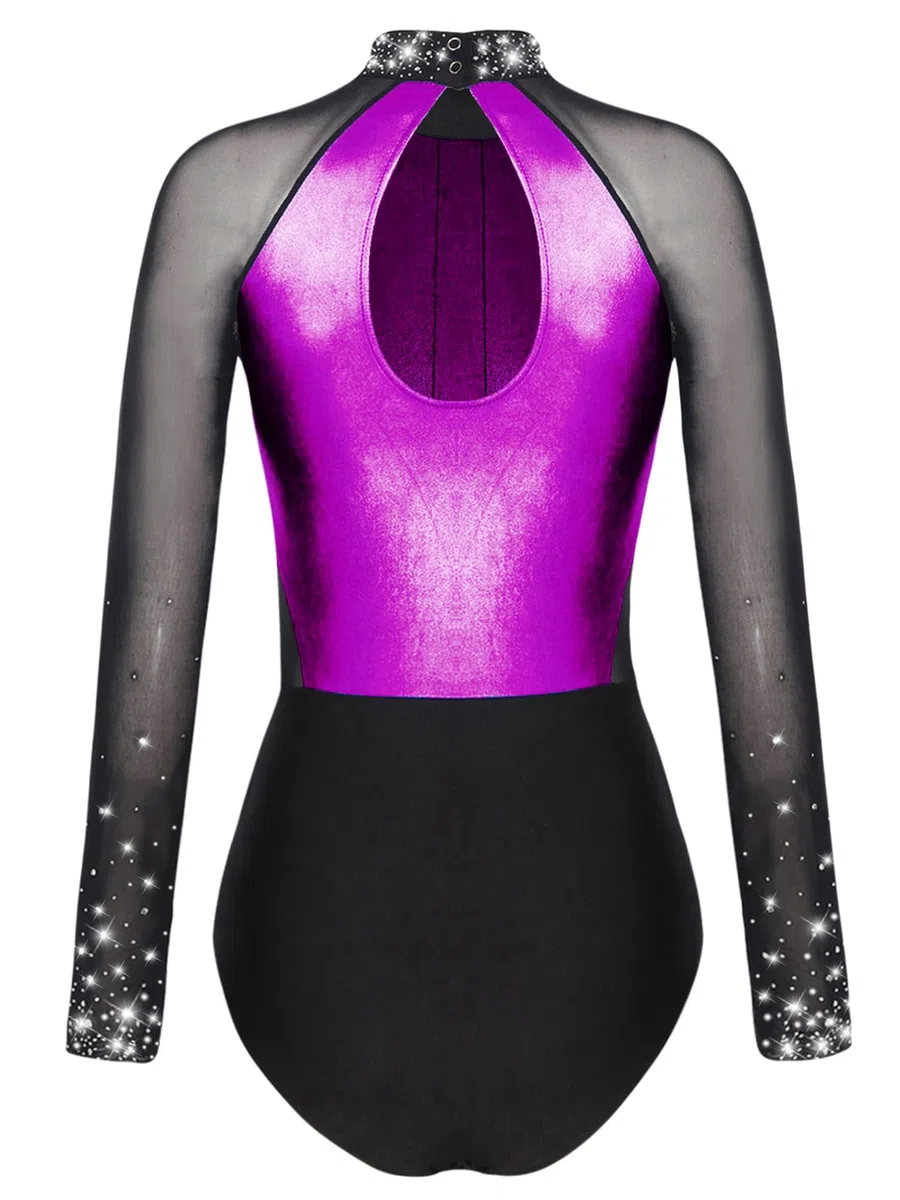 iEFiEL Turnanzug für Damen Langarm Gymnastikbody mit Strass Patchwork Metallic Tanzbody Ballett Trikotanzug Wettbewerb Leotards