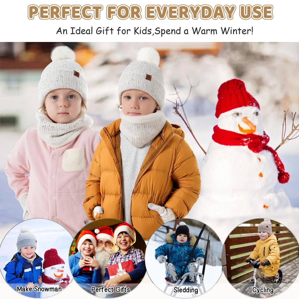 Kinder Winter Mütze Loop Schal Handschuhe Set, Pompom Wintermütze Schlauchschal Fäustlinge für 0–4 Jahre Baby Kleinkinder, Strickmütze Touchscreen Handschuhe für 5–8 Jahre Mädchen Jungen