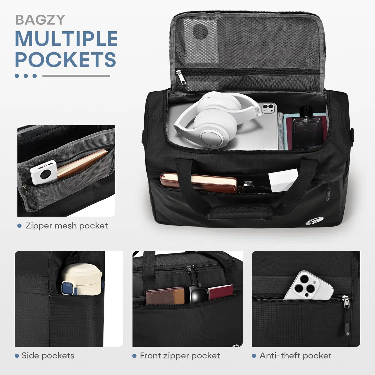 BAGZY Handgepäck 40x30x15 cm British Airways KLM Air France Handgepäck Tasche für Flugzeug 40 x 30 x 15 Faltbare Reisetasche Wasserdicht Carry on Luggage Underseat Bag für Weekend Sport Herren Damen