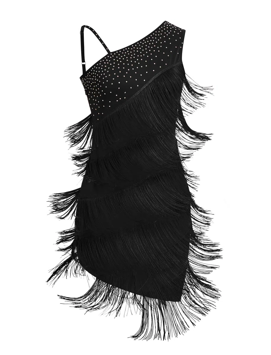 Damen Asymmetrisch Eine Schulter Strass Fransen Latin Dance Kleid 1920s Pailletten Quaste Flapper Kleider Salsa Cha-Cha Ballroom Dance Kostüm