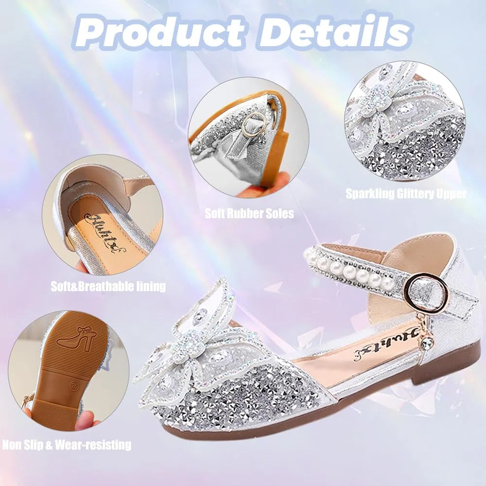 Mädchen Mary Jane Glitzer Prinzessin Schuhe Karneval Party Hochzeit Kinder Party Halbschuhe Flache Schuhe für Weihnachten Geburtstag Schulschuh Silber EU33
