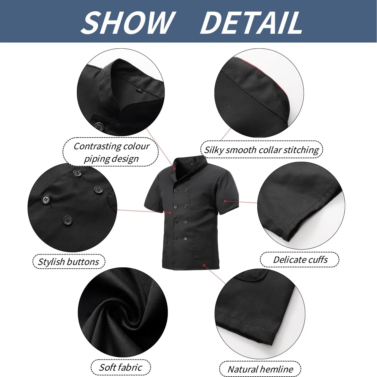 Kochjacke für Herren & Damen Slim Kochjacke mit Druckknöpfen Herren Modern Style Kurzarm Bäckerjacke Professional Chef Uniform Kurzarm