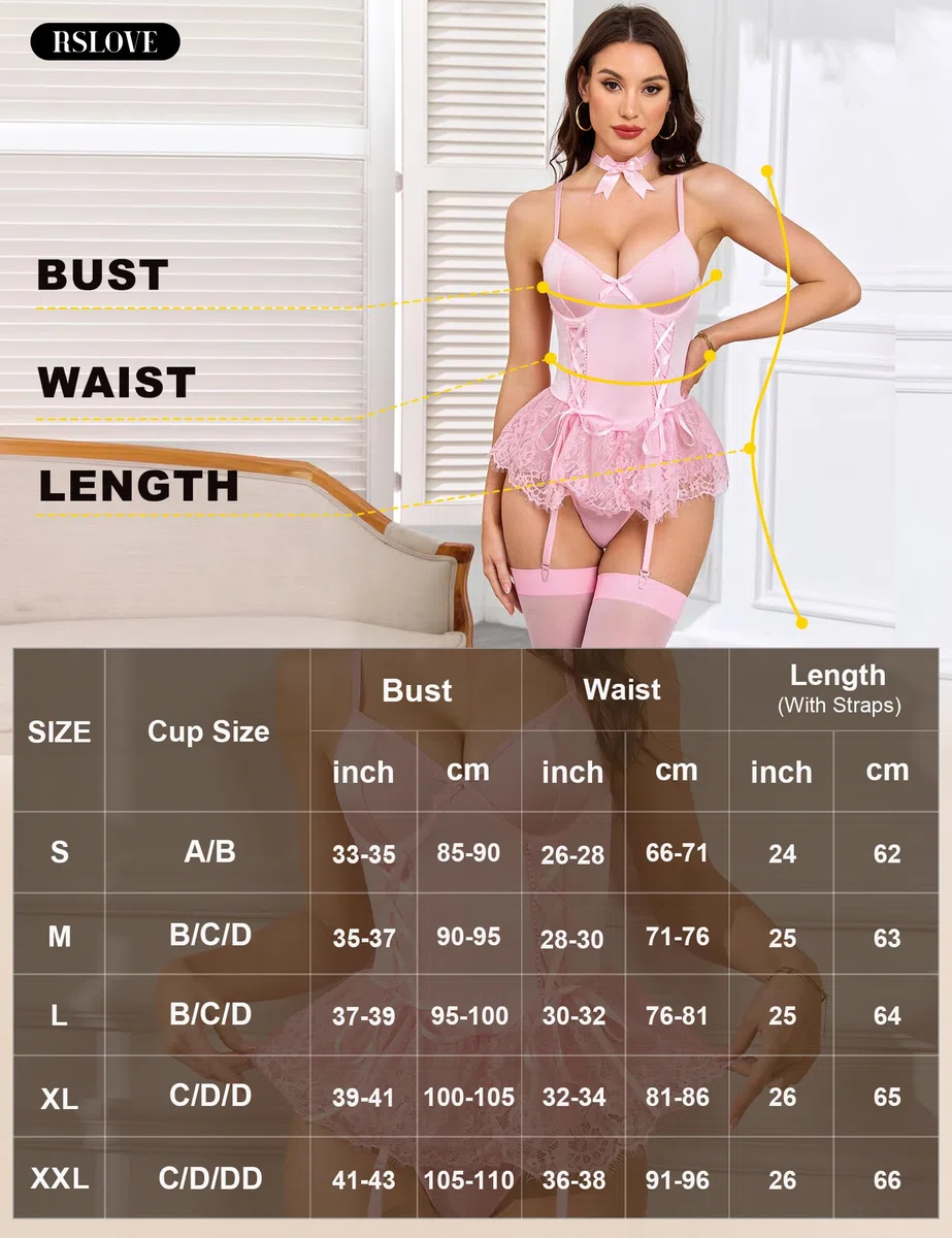 RSLOVE Sexy Strapsen Dessous Set - V-Ausschnitt Corsage Set Babydoll Dessous für Frauen mit Strumpfgürtel und Strümpfe