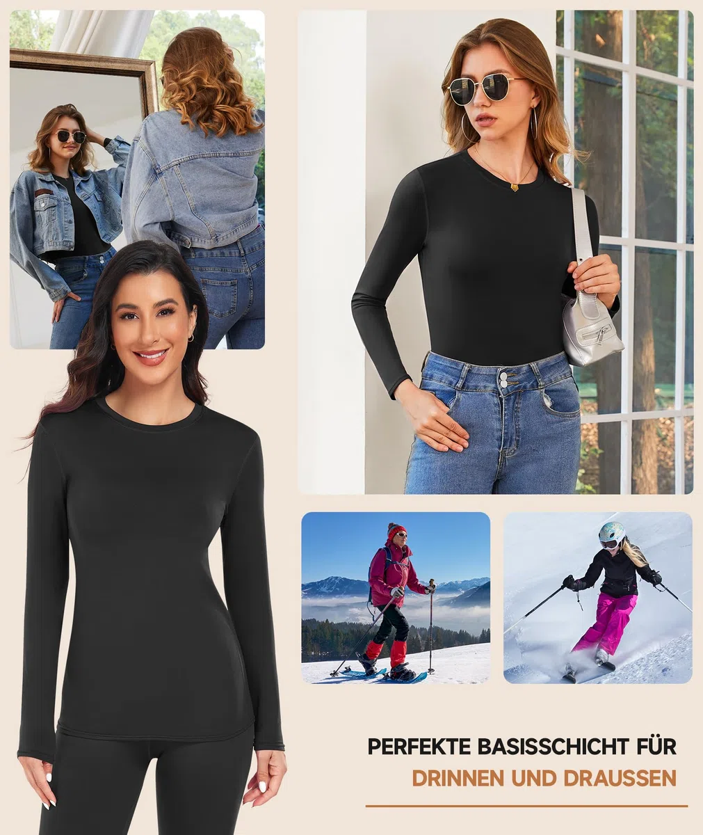 YADIFEN Thermounterwäsche Damen Thermo Oberteil Langarm Thermoshirt Warme Unterwäsche Winter Funktionsshirt Thermal Unterhemd mit Innenfleece