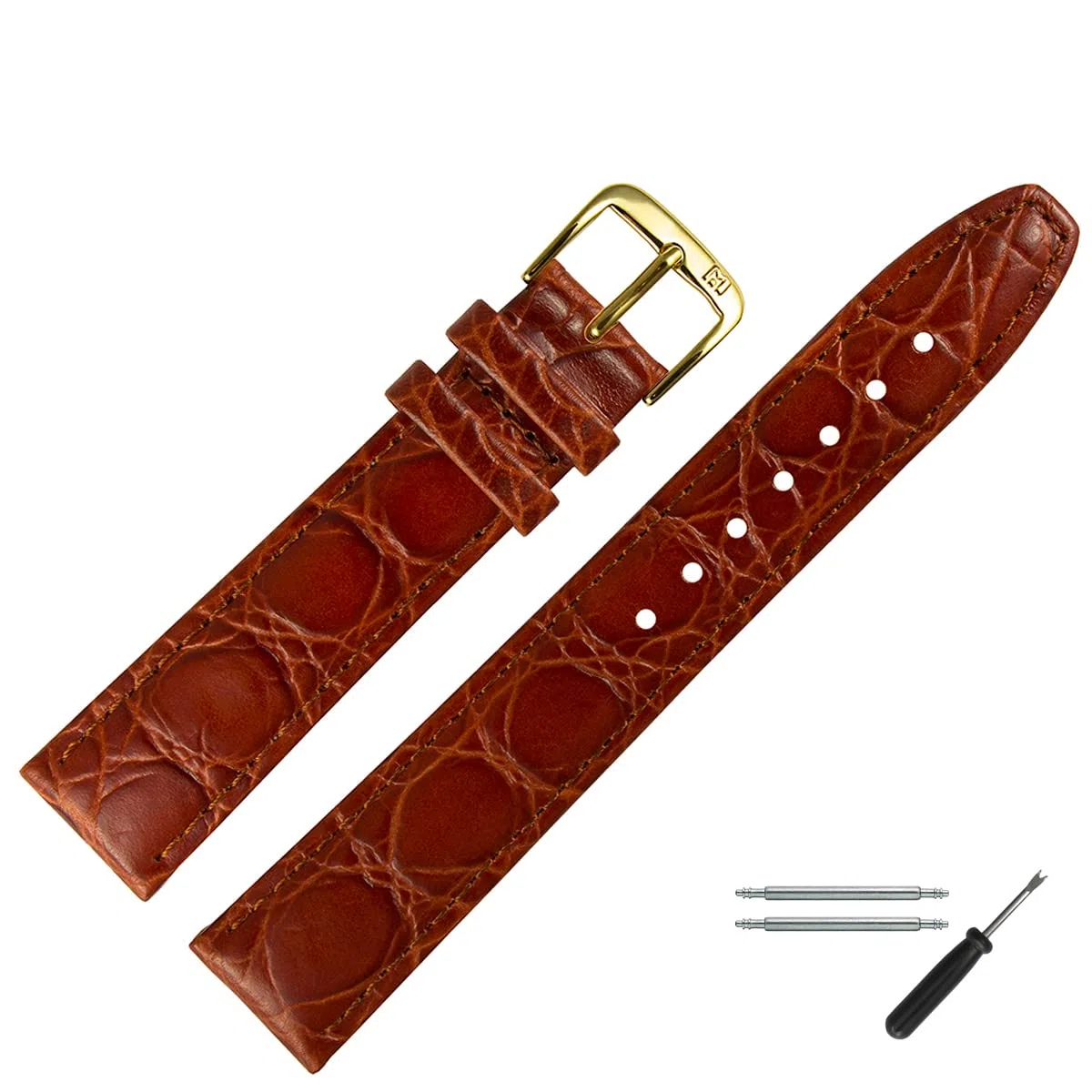 MARBURGER Uhrenarmband 14mm Leder Kroko (Caiman) Prägung Mit Naht - Werkzeug Montage Set 52914