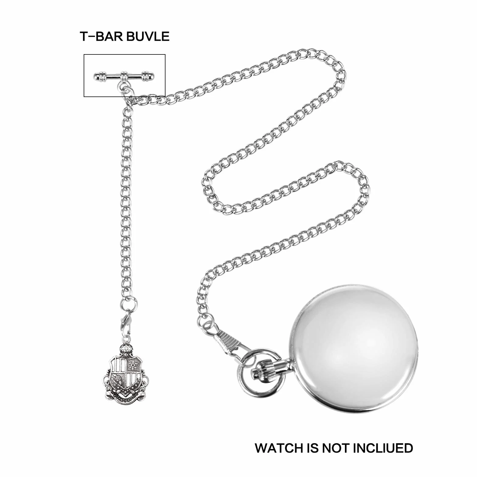 TREEWETO Taschenuhrkette mit T Bar Endstück Albert T-Bar Taschenuhr Kette mit Antiker Schild-Anhänger und 2 Haken für Weste Knopfloch