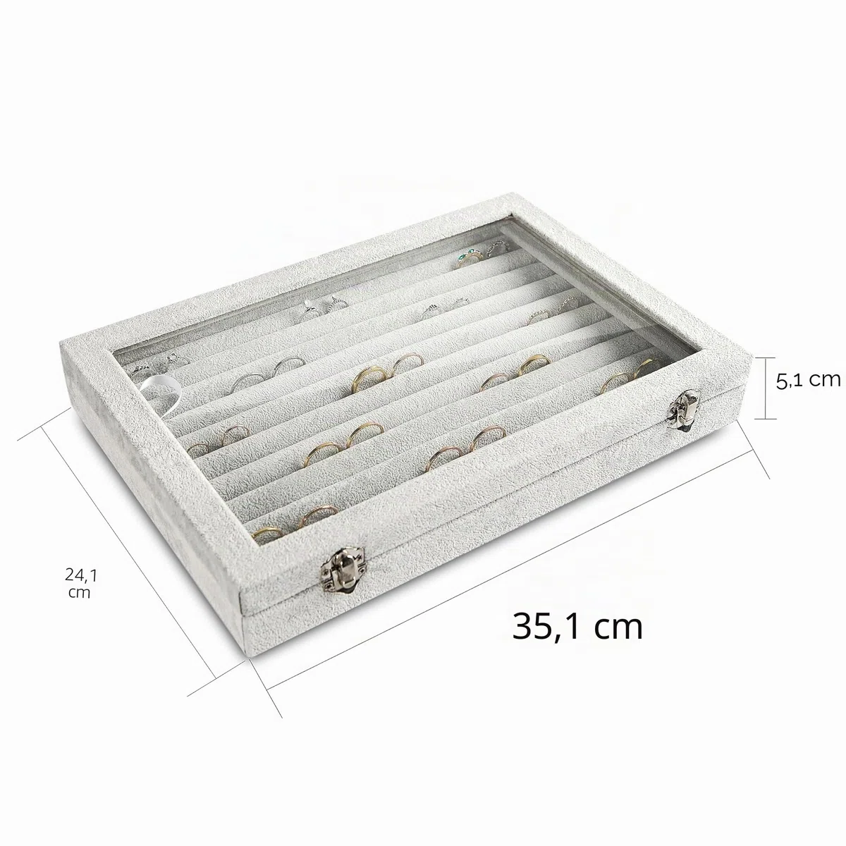 Frebeauty Ringe/Ohrringe Organizer Tablett mit klarem Deckel 10 Slots Samt Schublade Einsatz Schmuck Aufbewahrungsbox mit transparentem Glasdeckel Schmuck Vitrine Geschenk für Frauen (Grau, 10 Slots)