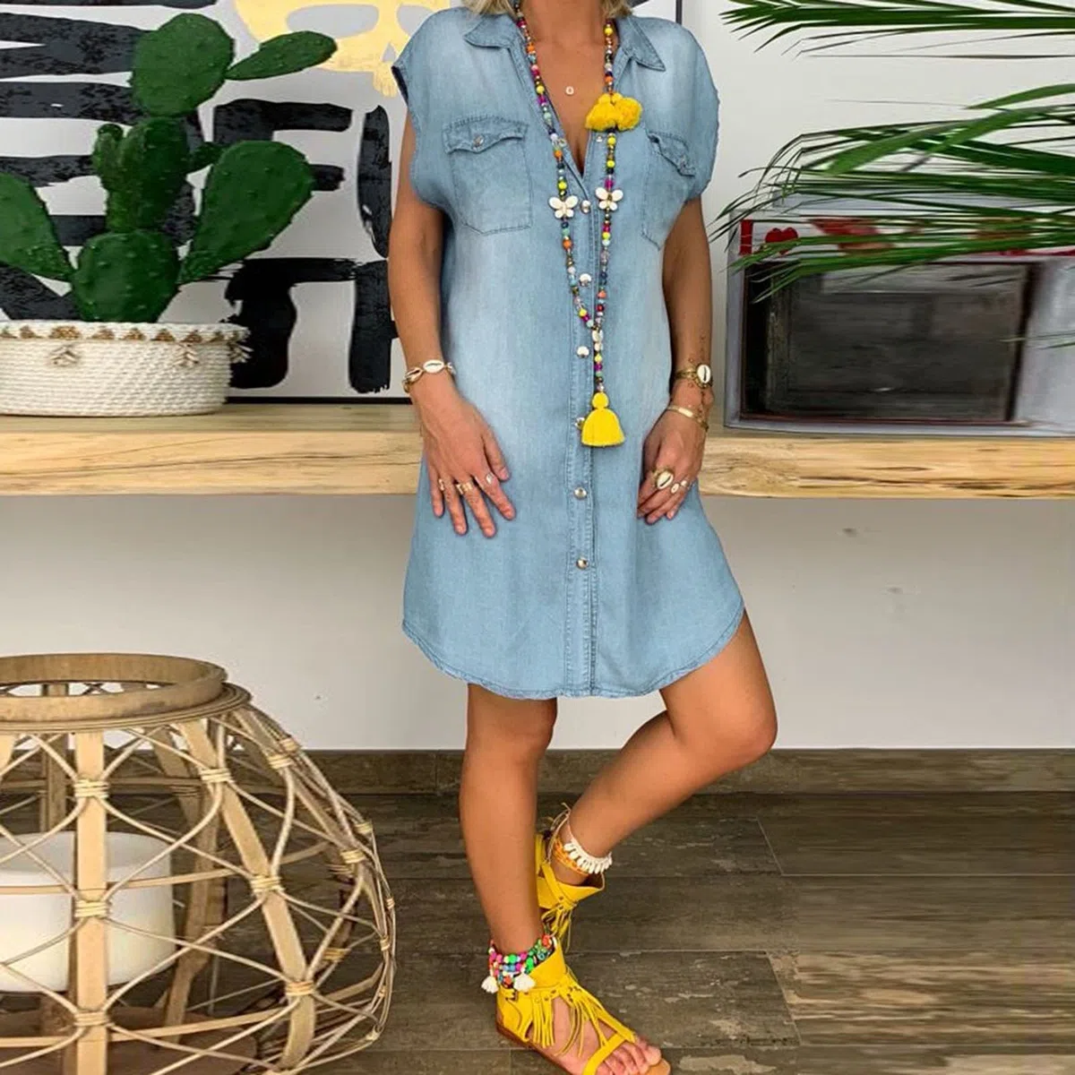 Jeanskleid Damen Sommer Lang Casual Locker Hemdkleid Denim Kleid A-Linie Knielang Shirtkleid Strandkleid Kurzarm Sommerkleid Blusenkleid Oversize Baumwolle Partykleid