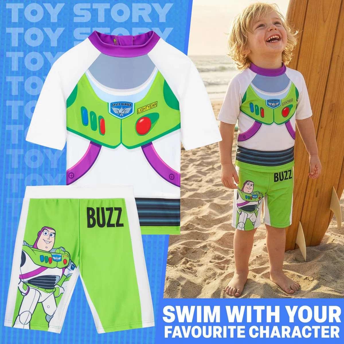 Toy Story Buzz Lightyear | Woody Schwimmanzug Kinder Jungen Badeanzug Set Zweiteilig, Schwimmshirt & Badehose, Urlaub Zubehör, Geschenke für Jungs