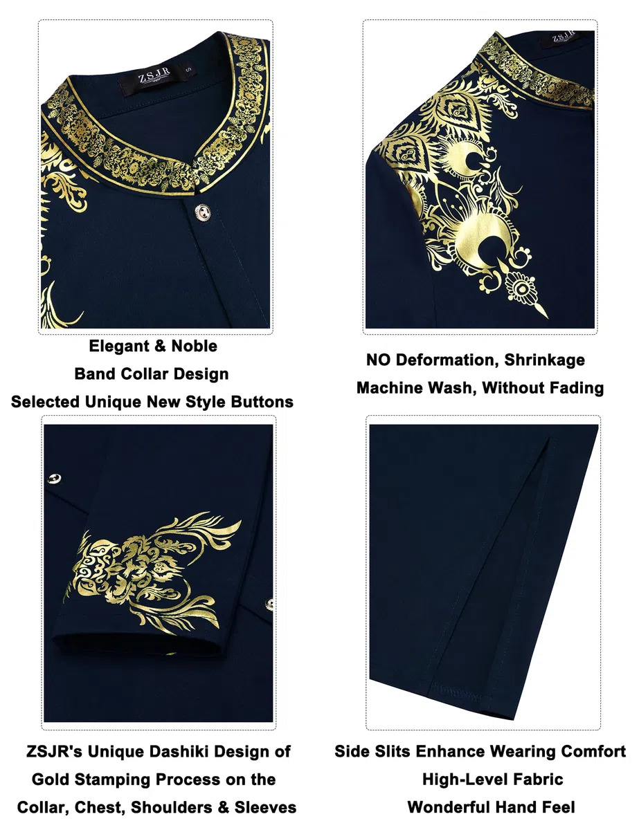 Langes afrikanisches Herren-Set, nigerianisches Dashiki, traditioneller Anzug, Goldstempel, bedrucktes Hemd und Hose, 2-teiliges Set