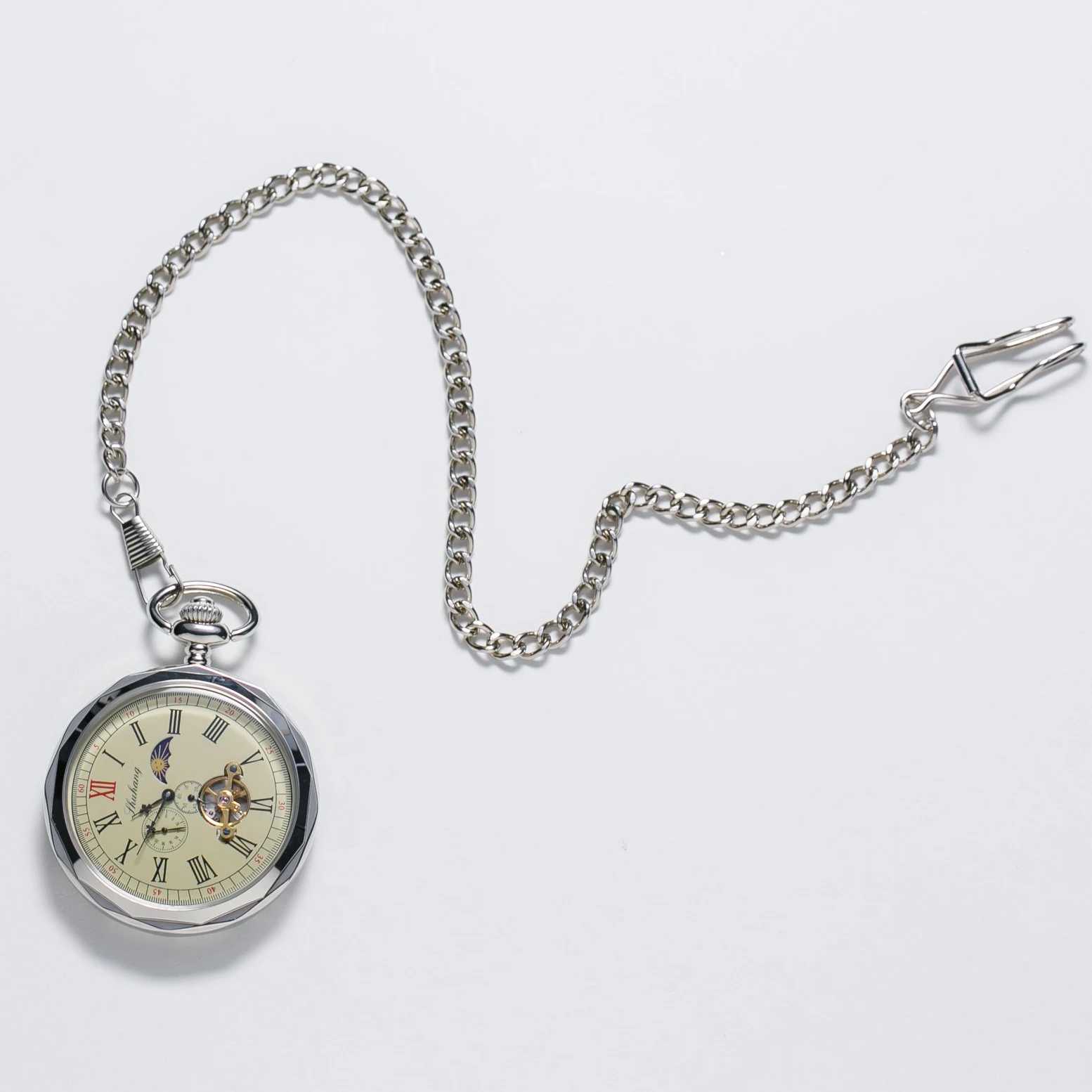 TREEWETO Mechanische Taschenuhr, römische Ziffern, offenes Zifferblatt mit Kette, 24 Stunden, Mond, Sonne + Box