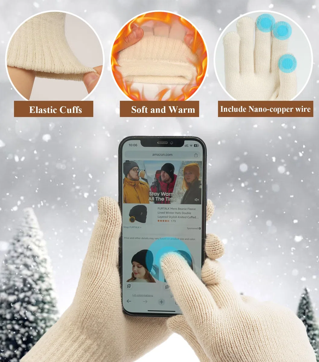 ILovDaisy Mütze, Schal & Handschuh-Sets für Damen Winter, Beanie Gestrickte Wintermütze mit Bommel, Thermo Winterhandschuhe Touchscreen, Warme Kuschelige Schal Winterset