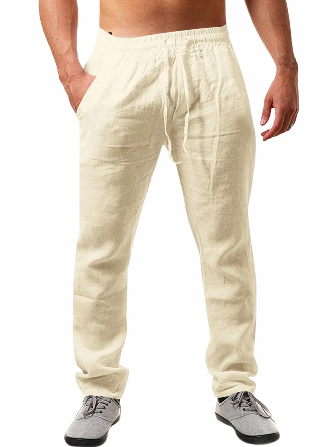 Runcati Herren Leinenhose Einfarbiges Lang Leicht Sommerhose Loose Fit Freizeithose mit Kordelzug für Urlaub Strand Alltag