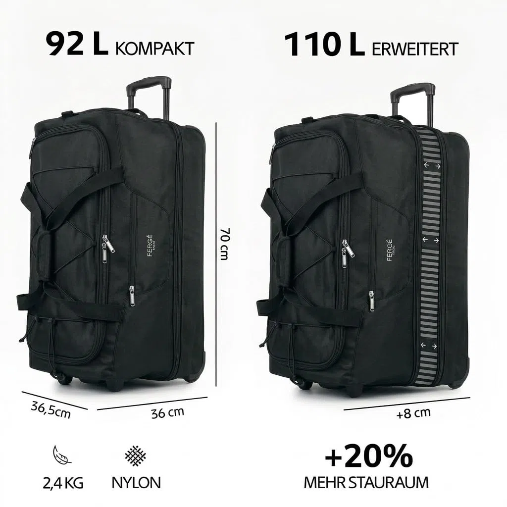 FERGÉ XL große Reisetasche mit Rollen erweiterbar und Schuhfach - Trolley mit Spanngurten Weichgepäck Reisetasche Weekender Paris
