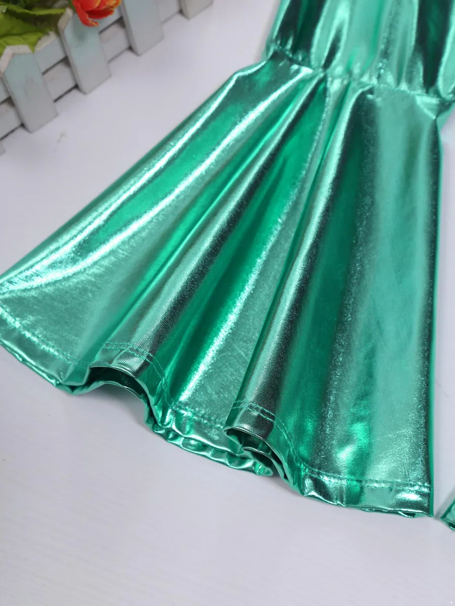 Kinder mädchen metallic Hose Glitzer Schlaghose Weites Bein High Waist Tanzhose Stretch Yogahose Disco Festival Outfit