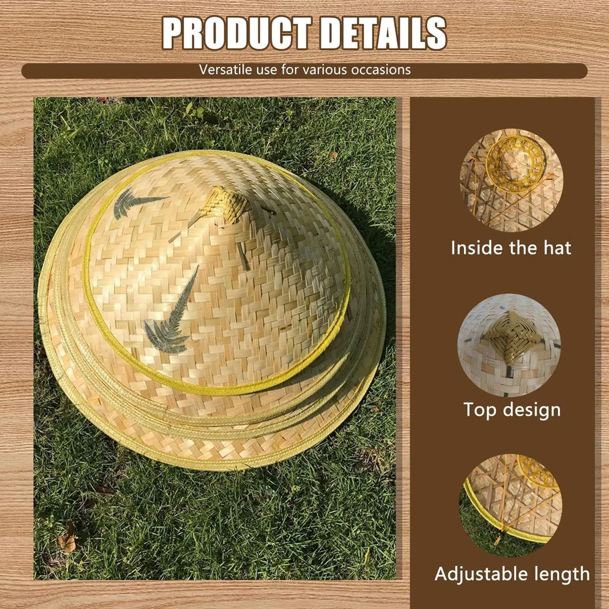 Handgefertigter chinesischer Strohhut | Traditionelle chinesische gewebte Strohkappe mit verstellbarem Seil | gewebter konischer Reisbauer Kostüm Zubehör für Angeln, Gartenarbeit, Camping, Wandern