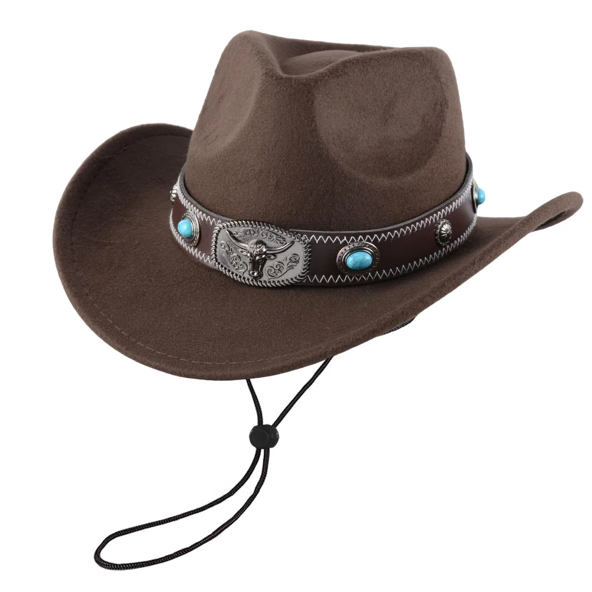 Klassischer Westernhut für Damen und Herren – Einfarbiger Cowboyhut mit Stierkopf-Dekor, Vintage Jazzhut für Erwachsene im Cowgirl- und Western-Stil (Braun B)