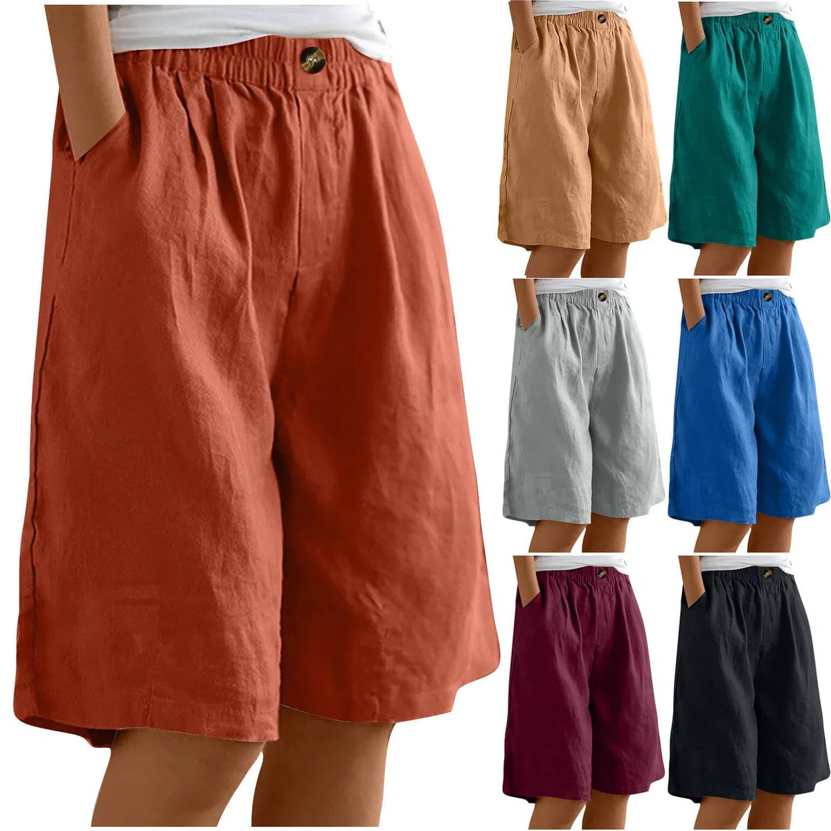 EMATOP Kurze Leinenhose Damen Sommer Leicht Shorts Knielang Stoffhose Casual Baumwolle Leinen Hose Locker Luftig Strandhose Elegant Einfarbiges Sommerhose Weites Hosen mit Taschen Sporthose