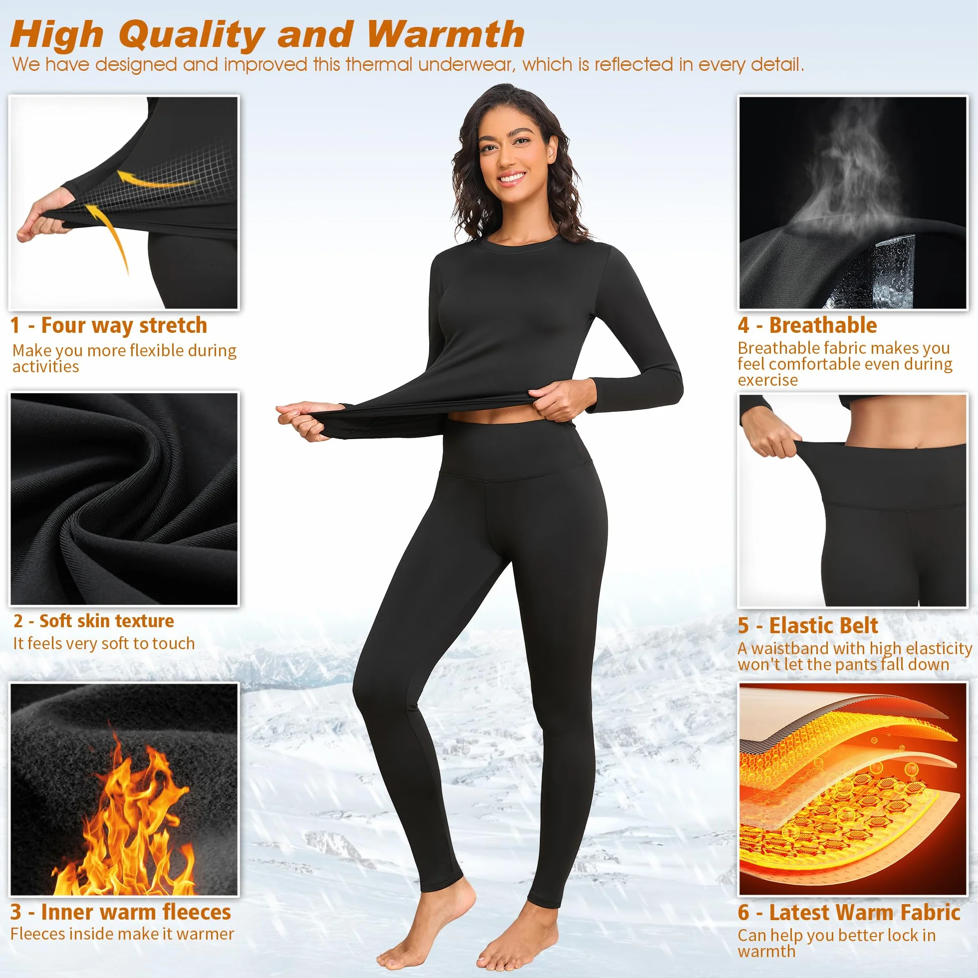 Thermounterwäsche Damen Skiunterwäsche Set Winter Schwarz Weiß Funktionsunterwäsche Thermo Unterwäsche Ski Damen Extra Warm Atmungsaktive Thermowäsche mit Thermounterhose Thermounterhemd Langarm