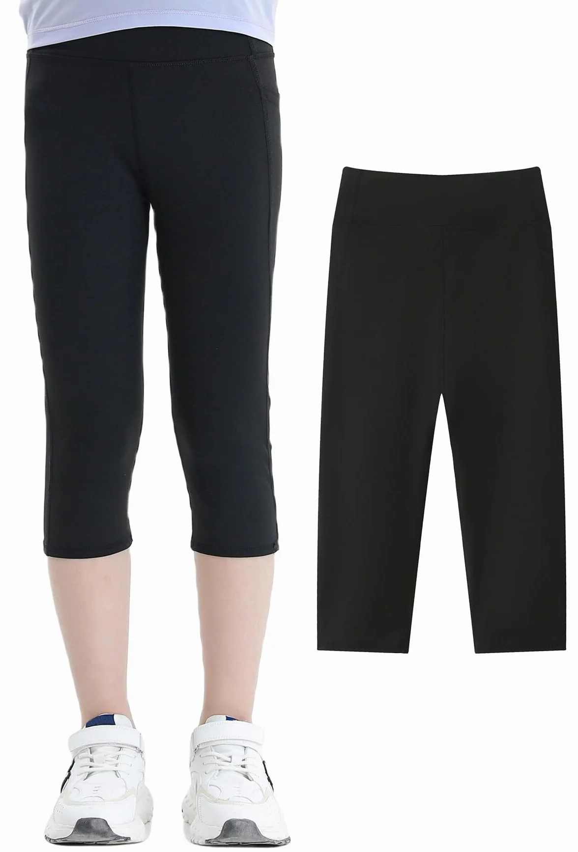 SEAUR Mädchen Sport Leggings 3/4 Yogahose mit Tasche Einfarbig Eng Jogginghose Laufhose Sporthose Trainninghose 110-152