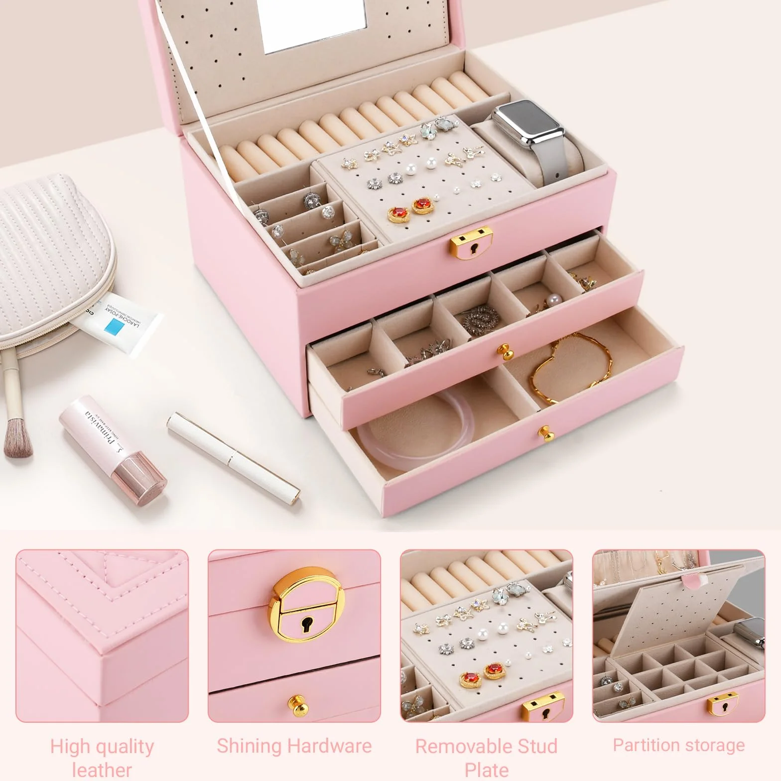 Schmuckkästchen 3 Ebenen,Schmuckaufbewahrung,Schmuckkasten 2 Schubladen,Schmuck Organizer,Schmuckkasten mit Uhrenkissen,mit Schloss und Schlüssel,für Uhren,Ringe Ohrringe Halsketten