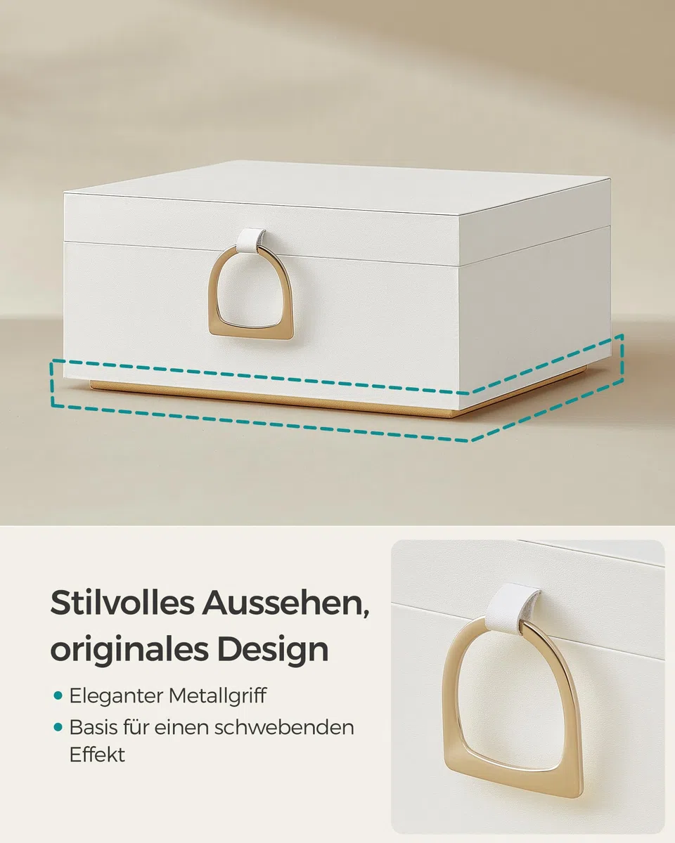 SONGMICS Schmuckkästchen 2 Ebenen, Schmuckkasten mit Griff, flexibles Schmucktablett, Schmuckbox, Schmuckaufbewahrung, schwebender Effekt, 20,5 x 24 x 11 cm, Geschenkidee, weiß JBC165W01