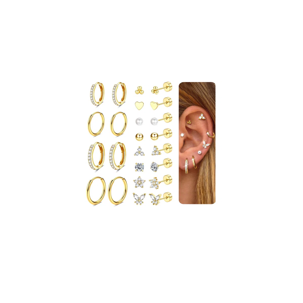 CASSIECA 12 Paar Ohrringe Gold Silber Set, 316L Chirurgenstahl Ohrringe für Damen Herren Medizinische Ohrstecker und Creolen für Mehrfachpiercing 14K Vergoldet Helix Tragus Piercing Ohr Gold Silber