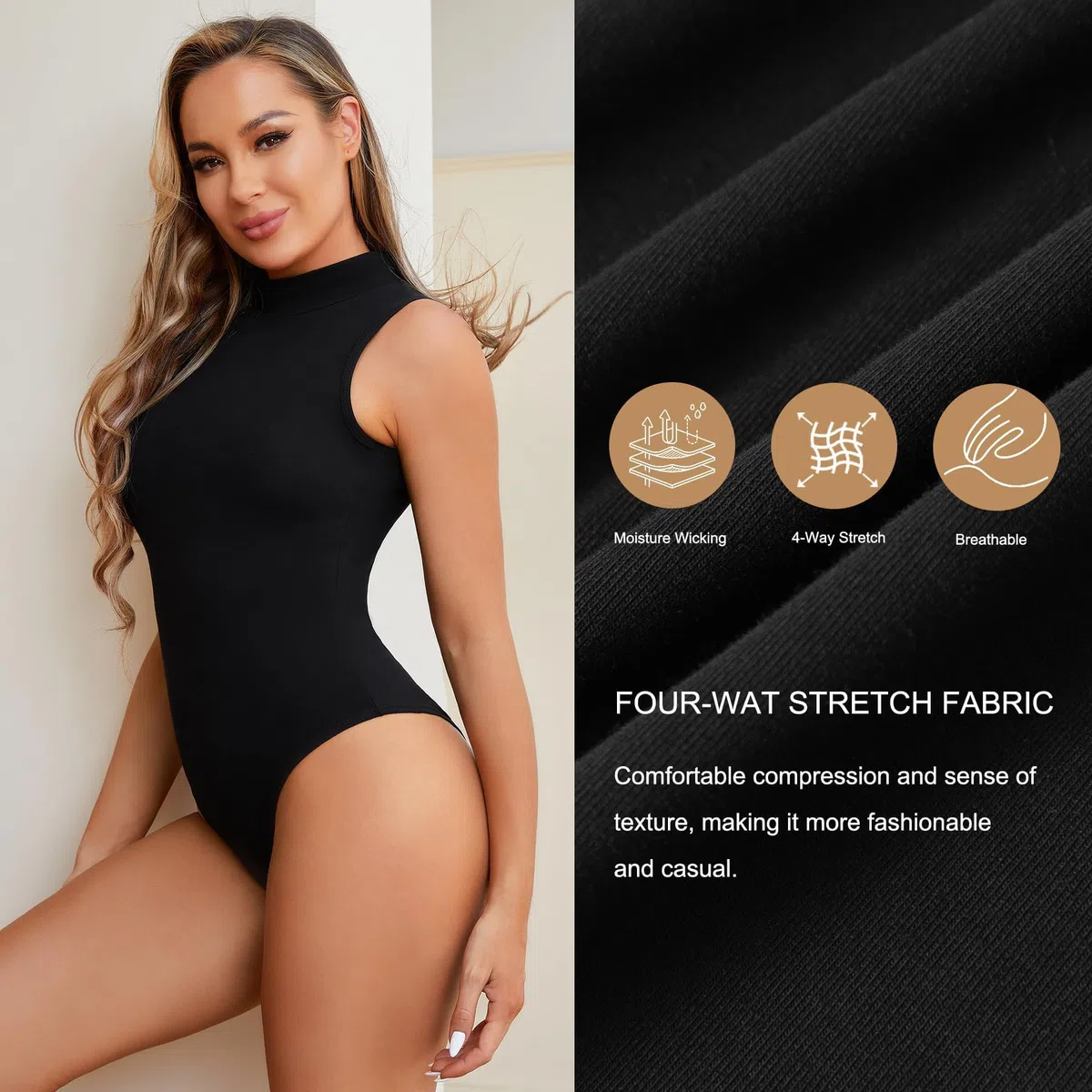 Shen&Qege Damen Bodysuit mit String ärmellos Mock-Turtleneck elastisch Basic Bodysuit-Oberteil