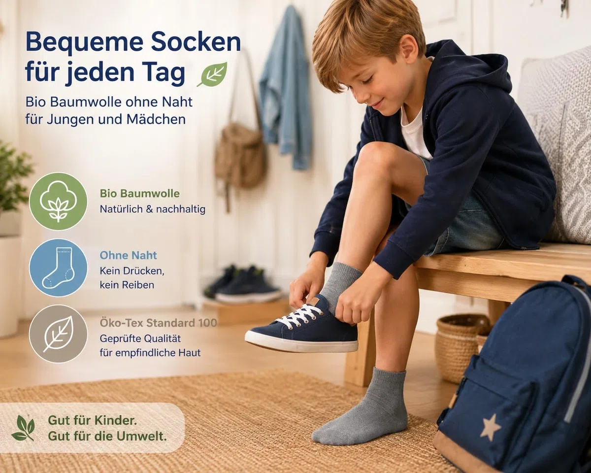 8 Paar Bio Baumwolle Socken ohne Naht Kinder Junge Mädchen Basic-Socken Öko-Tex Standard 100
