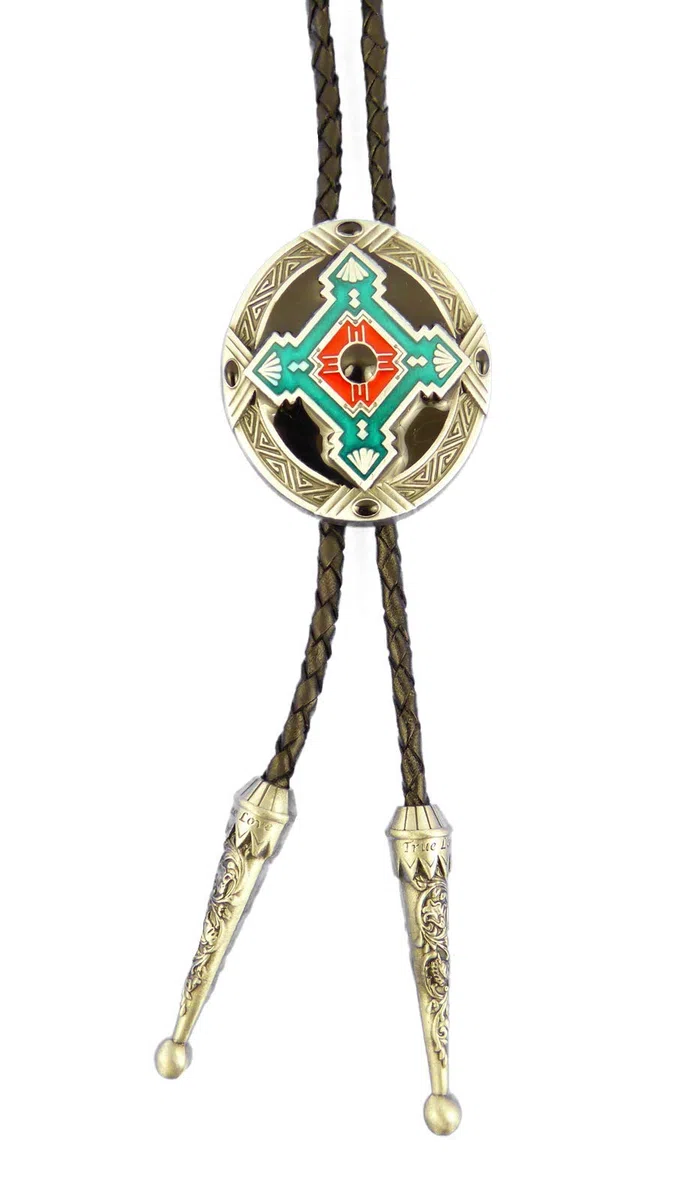 Bolo Tie Westernkrawatte Indianisches Ornament Lederkordel verstellbar mit Clip, Silber,Silber, 92