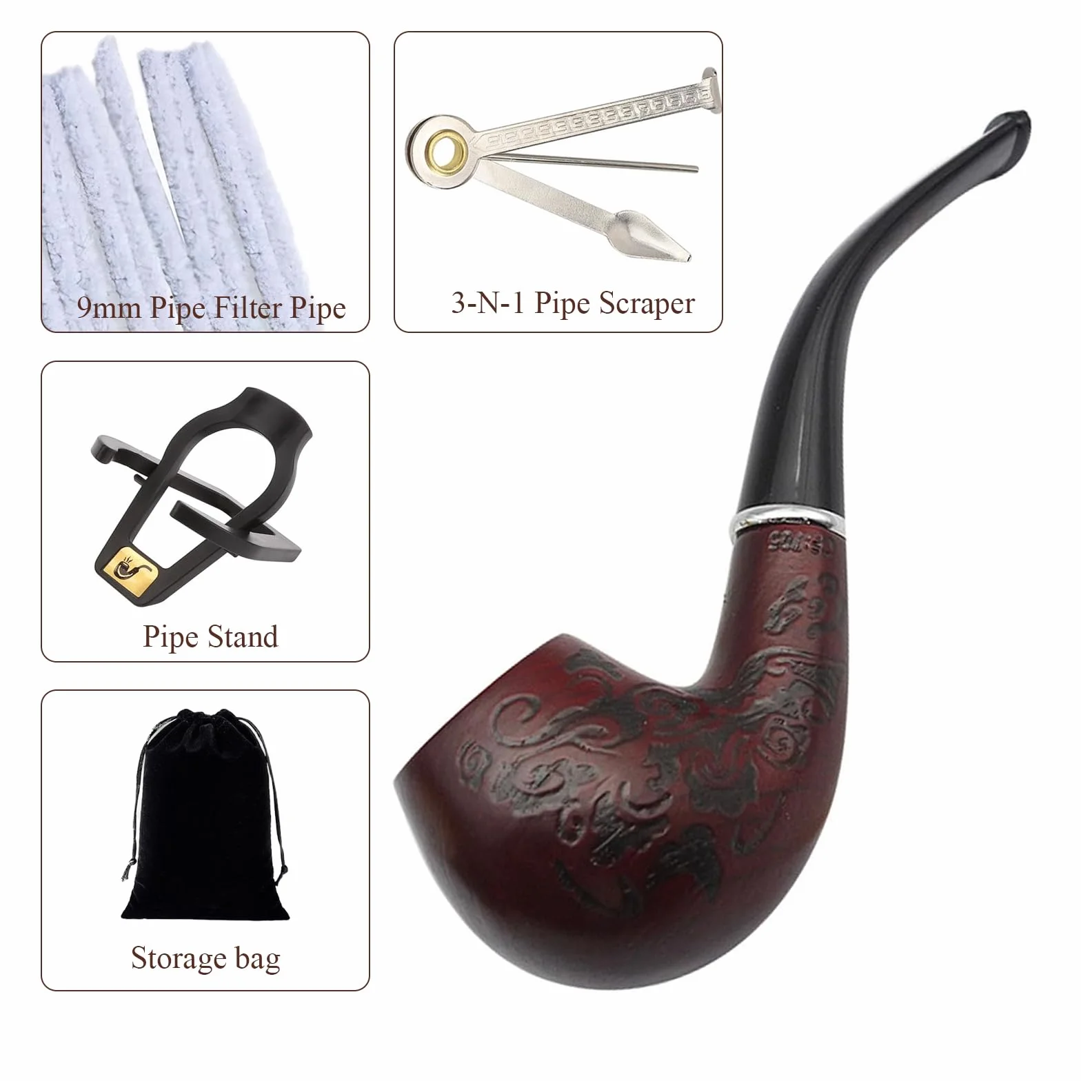 Tabakpfeife Pfeife Rauchen Tabakpfeife Set Pfeife Tabak Holz Pfeifen Set Holz Tabak Pfeifen Exquisites Vintage-Pfeifenset und Schwarzer Samtbeutel Geschenke für Pfeifenraucher